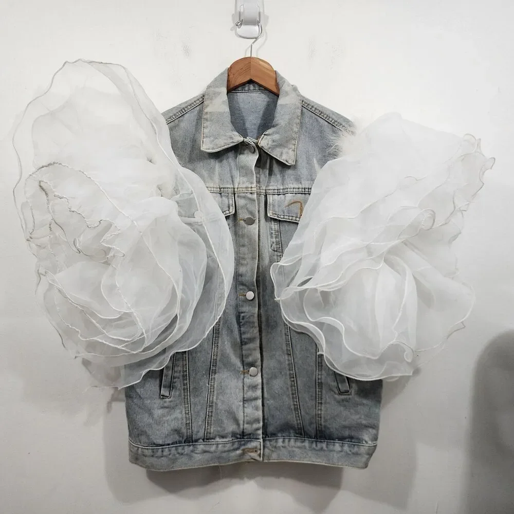 Upclycled Bujtton-front denim vest oversized white tulle ruffle sleeves Size L - Picture 5 of 16